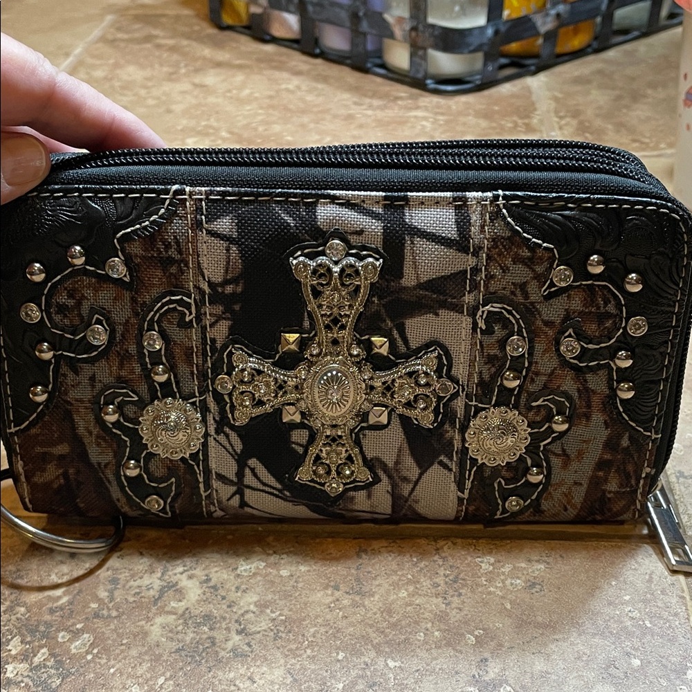 Black and Brown Wallet with Cross Design